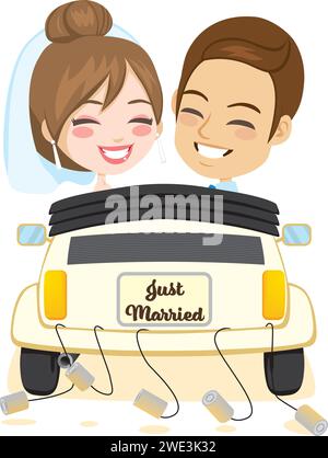 Newlywed smiling groom and bride couple driving retro car rear view Stock Photo