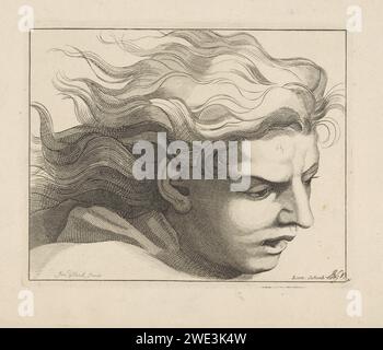 Study of a men's head with wavy hair, Jan Schenk, 1710 - 1767 print Study of a man's head, three -quarters to the left, with wavy hair and an opened mouth. He looks down. Amsterdam paper etching / engraving head (human). tousled hair (+ three-quarter view) Stock Photo