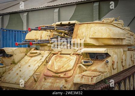 A Russian made armoured self-propelled anti-aircraft weapon system. There are four 23mm anti-aircraft guns in the turret and a hatch at the front. Stock Photo