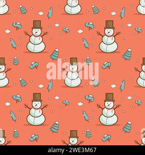 Christmas seamless pattern with cute snowman and Christmas tree for the packaging of gift boxes vector illustration Stock Vector