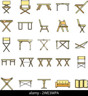 Picnic folding furniture icons set. Outline set of picnic folding furniture vector icons thin line color flat on white Stock Vector