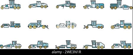Construction grader machine icons set. Outline set of construction grader machine vector icons thin line color flat on white Stock Vector