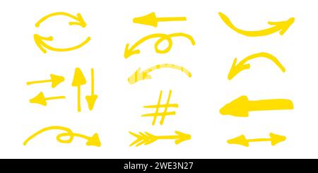 Brushes and elements for notes highlighting text. Arrows of various shapes yellow. Vector illustration... Stock Vector