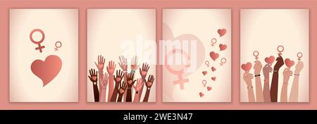 Group of raised hands of multicultural women holding red heart and female symbol. International women’s day. Diversity - inclusion - equality.Template Stock Vector