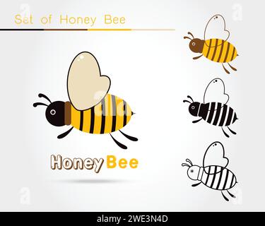 set of Bee logo icon isolated on white background. Honey flying bee. Insect. Flat style vector illustration. Stock Vector