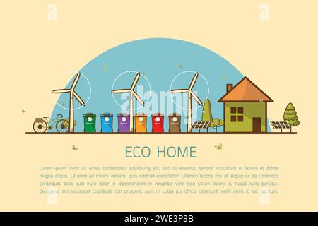 Vector illustration of recycling trash bins Municipal waste segregation management concept.  flat line style concept of eco home, renewable energy, ec Stock Vector
