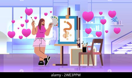 disabled woman artist in love with replaced robotic leg and arm girl drawing on canvas people with disabilities celebrating valentines day Stock Vector