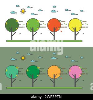 landscape in the flat linear style,Flat image of seasons: summer, spring, winter and autumn Stock Vector