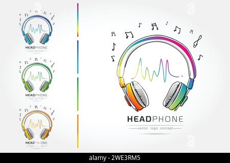 Modern linear thin flat design. The stylized image of Headphone. music festival logo Template for covers, logo, posters, invitations on white backgrou Stock Vector