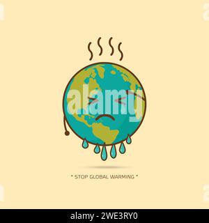 Stop global warming. cartoon character of Planet earth  on yellow background vector illustration. Stock Vector