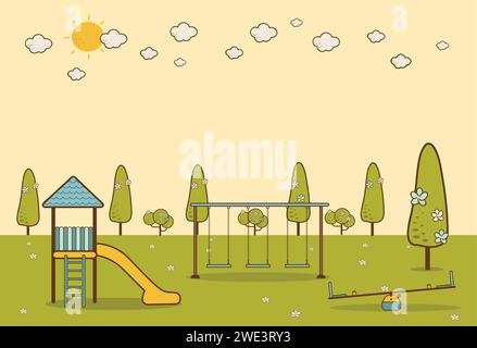 Kids playground cartoon concept background. childrens playground in a city park. Vector llustration in flat design Stock Vector