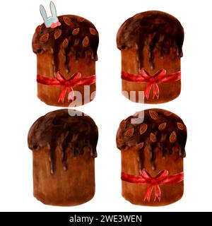 A set of chocolate cupcakes with icing for the spring holiday Easter. Sweet pastries with almonds and chocolate glaze, decorated with a bow. Chocolate Stock Photo