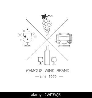 Set of wine labels. Elements for design on the wine theme. Collection of wine symbols: grape, bottle. Modern labels of wine. Emblems and logos of wine Stock Vector