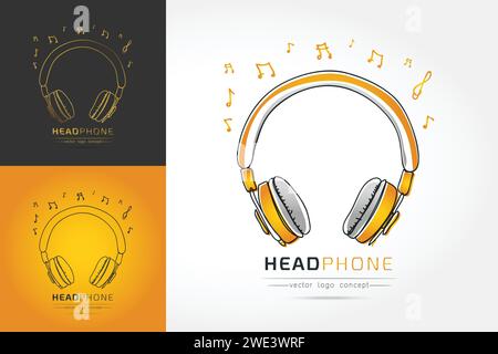 Modern linear thin flat design. The stylized image of Headphone. music festival logo Template for covers, logo, posters, invitations on white backgrou Stock Vector