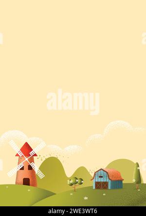 Vertical Farm field nature landscape and a village on a hill  Vector texture style concept illustration. Stock Vector
