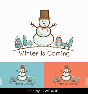 set of snowman with christmas tree  on white background vector illustration. Stock Vector