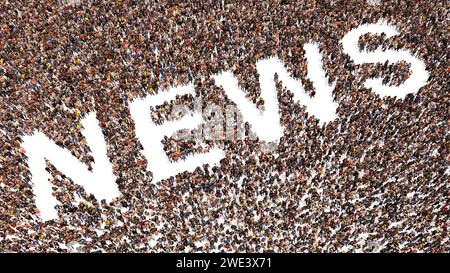 Concept or conceptual large community of people forming the the word NEWS. 3d illustration metaphor for communication, media, television, journalism Stock Photo