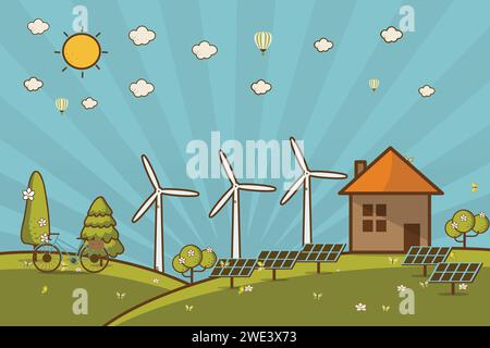 eco friendly house - solar energy, wind energy,Green energy ,urban landscape,Vector concept illustration. Stock Vector