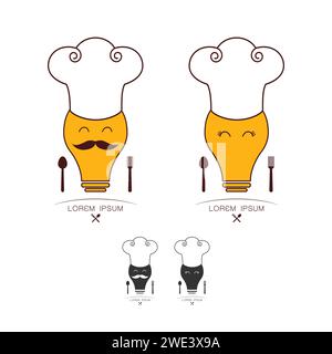 Cooking Ideas Abstract Vector Sign, Emblem or Logo Template. Light bulb and Chef Hat Mixture Silhouette. Creative Concept. Stock Vector