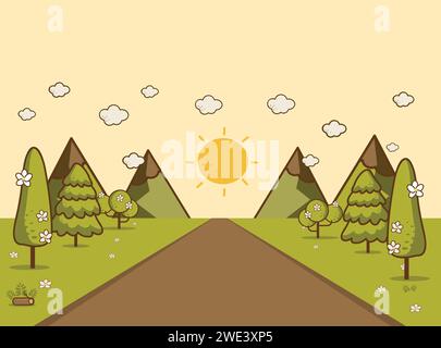 Road in green valley, mountains, hills, clouds and sun on the sky. Flat style illustration of spring or summer nature.Landscape background Vector illu Stock Vector