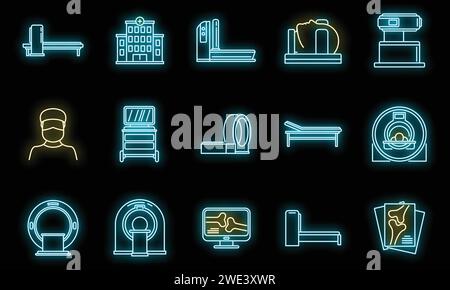 Mri scan icons set. Outline set of mri scan vector icons neon color on black Stock Vector