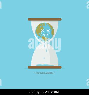 Stop global warming. cartoon character of Planet earth in hourglass limited time concept on blue background vector illustration. Stock Vector