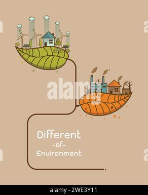 The different of Environmentally landscape factory and forest ,green earth- ecology concept green information with ecology and green city of energy sa Stock Vector