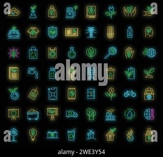 Ecologist icons set. Outline set of ecologist vector icons neon color on black Stock Vector
