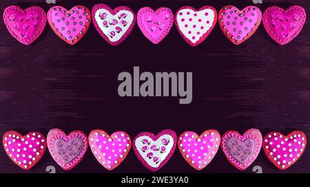 Illustration of frame of beautiful patterned heart shaped royal icing cookies on black background Stock Photo