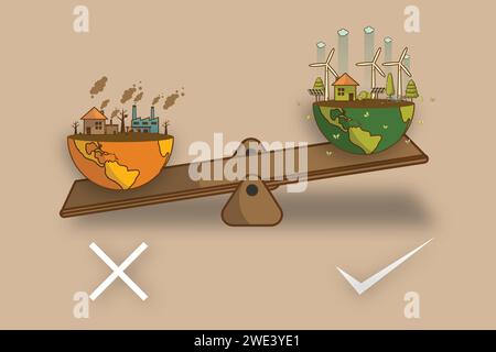 The different of Environmentally landscape factory and forest ,green earth- ecology concept green information with World globe on a scale . Balance co Stock Vector