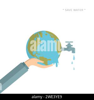 Water world day with hand hold faucet or water tap with a drop of water out to earth and save water text vector design illustration Stock Vector