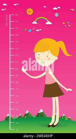 Meter wall with Cartoon character girl vector illustration Stock Vector