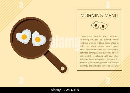 Minimal flat design morning menu with couple egg in heart shape on the pan  on yellow background Vector illustration. Stock Vector