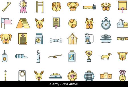 Dog handler trainer icons set. Outline set of dog handler trainer vector icons thin line color flat on white Stock Vector
