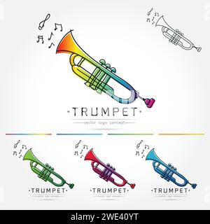 Modern linear thin flat design. The stylized image of trumpet. classical music festival logo Template for covers,logo, posters, invitations on white b Stock Vector