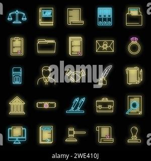 Legal notary icons set. Outline set of legal notary vector icons neon color on black Stock Vector