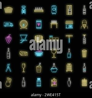 Modern winemaker icons set. Outline set of modern winemaker vector icons neon color on black Stock Vector