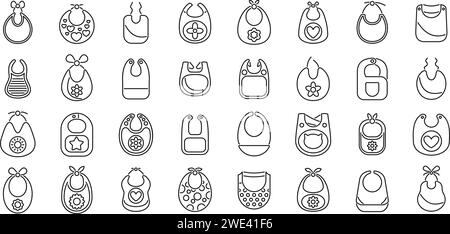 Bib icons set outline vector. Baby food kids. Family apron toddler Stock Vector