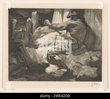 Wrecking worker, Johannes Josephus Aarts, 1881 - 1931 print A man in work clothes with a hat squeezes with a rod between wooden boards that together form a wall. Left in the foreground a broken wooden barrel.  paper engraving working class, labourers Stock Photo