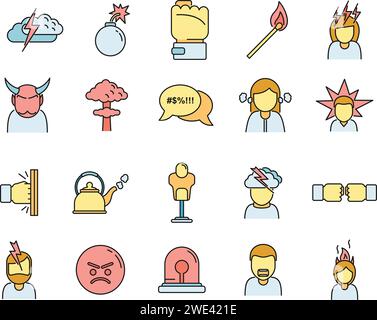 Rage aggressive icons set. Outline set of rage aggressive vector icons thin line color flat on white Stock Vector