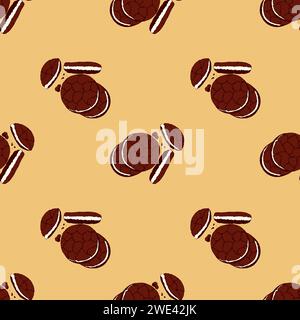 Pattern with chocolate cookies on orange background, hand drawn doodles. National Cookie Day. Vector illustration Stock Vector