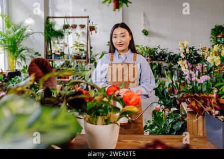 Small business concept. Portrait of young korean woman owner standing wearing apron behind counter in flower plant shop interior. Stock Photo