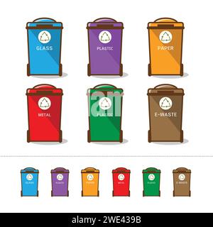 Waste segregation and garbage recycling sorts and categories. Colored recycle bin vector illustrations. Plastic, organic, glass, electronic waste, pap Stock Vector