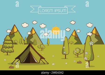 nature landscape. morning landscape in the mountains. solitude in nature by the mountain. weekend in the tent. hiking and camping. vector flat illustr Stock Vector