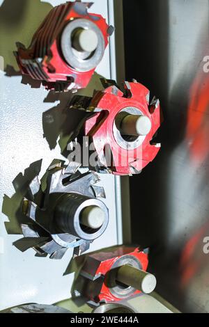 many cutting circular saw drill bits displayed Stock Photo