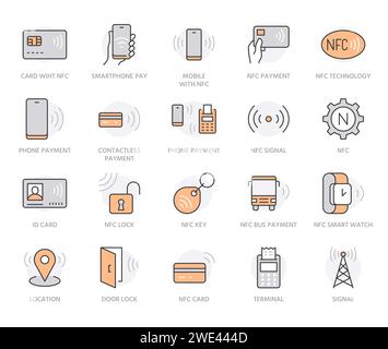 NFC line icon set. Near Field Communication technology, contactless payment, card with chip minimal vector illustration. Simple outline signs for Stock Vector