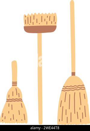 Set of hand drawn brooms, garden and home cleaning tools. Vector flat illustration of household items. Stock Vector