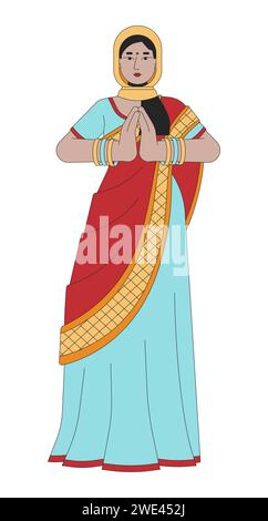 Saree young woman praying on Diwali line cartoon flat illustration Stock Vector