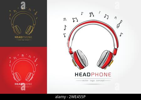 Modern linear thin flat design. The stylized image of Headphone. music festival logo Template for covers, logo, posters, invitations on white backgrou Stock Vector