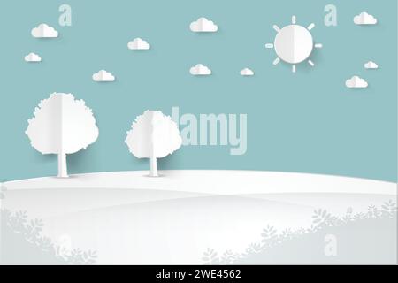 minimalist landscape with tree,hill,sun,cloud landscape background, paper art style vector illustration. Stock Vector